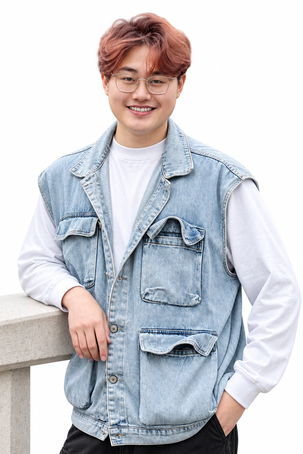 王誉翔倚靠浅色栏杆的半身人像