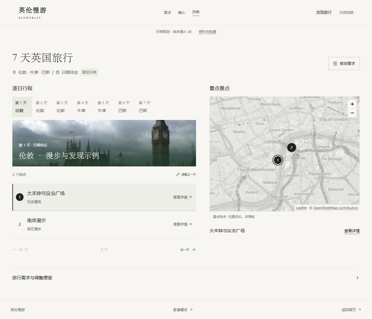 当前规划工作区:固定示例的逐日安排与重点景点地图