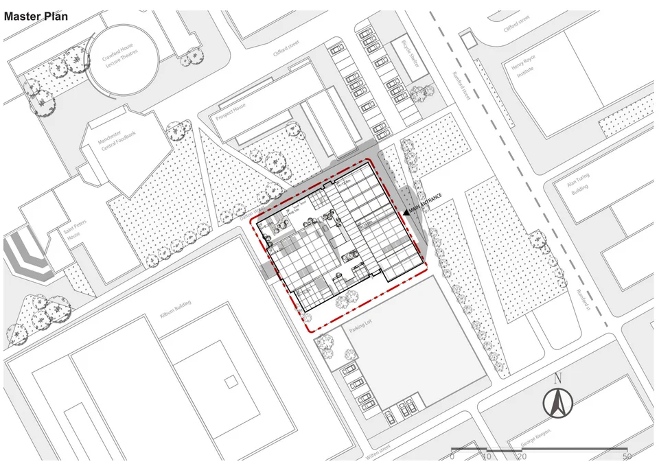总平面图：改造建筑与周边道路、校园建筑和绿地的整体关系