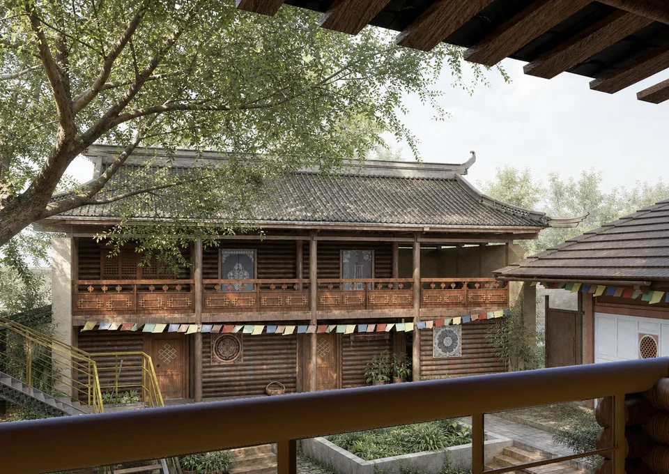 从连廊望向经堂的效果图：屋檐、树影与原有建筑之间的视线联系