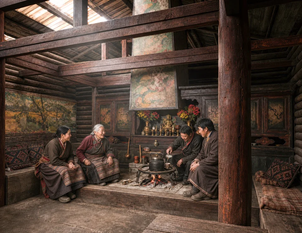 祖母房效果图：围绕既有火塘展开的家庭聚集与交谈场景