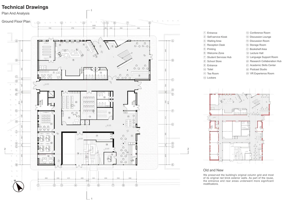 首层 · Ground Floor：入口、学生服务、讲堂、讨论与协作空间，附新旧对照