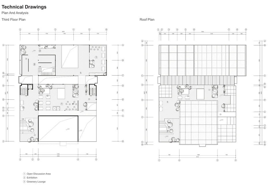 Third Floor 与屋顶平面：开放讨论、展览及绿化休憩